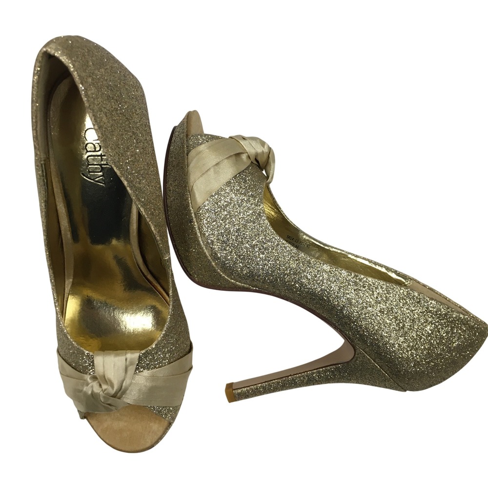 Cathy Jean Glitter Peep Toe Platform Heels 6.5 Gold Glam Sparkle Formal Evenin